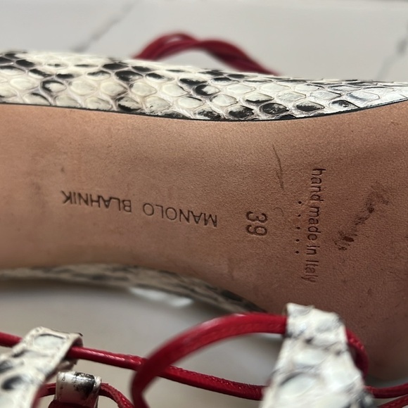 Manolo Blahnik Sz 39 Rogustta Snakeskin Leather Pumps W Red Leather Ties - New - Picture 9 of 10